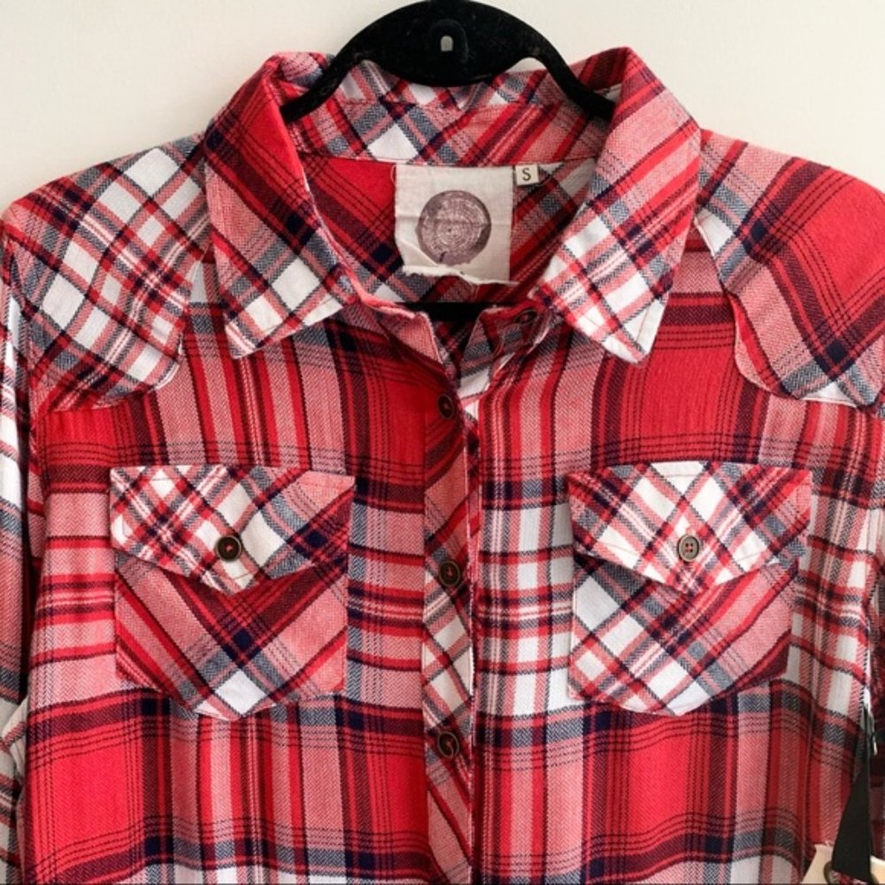 Ash & Ember Avalon Houston Fitted Plaid Flannel Shirt Red Size Small - Picture 3 of 15